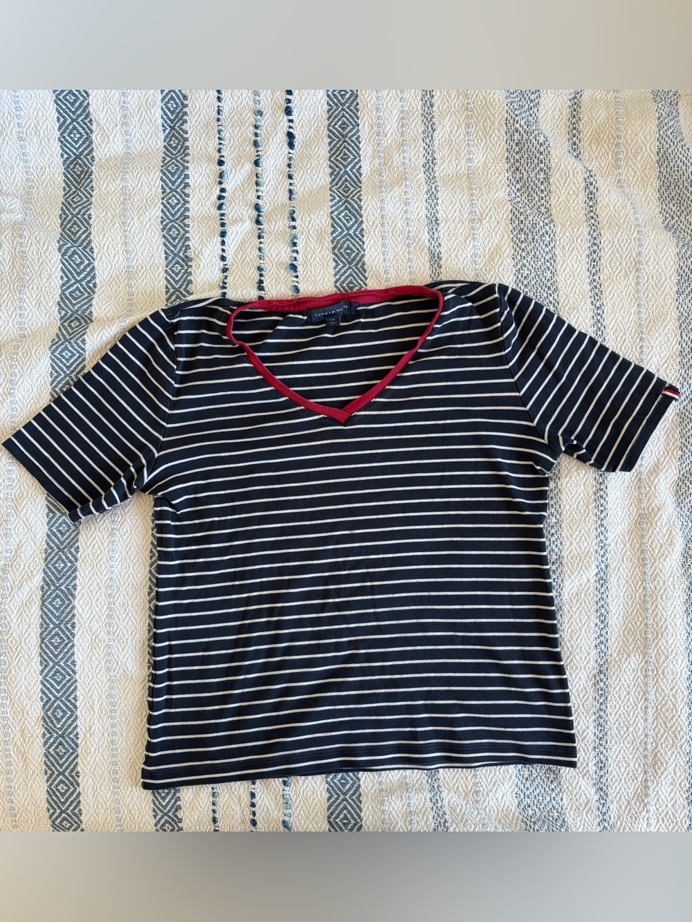 Tommy Hilfiger Navy and White Striped V-Neck Tee with Red Trim